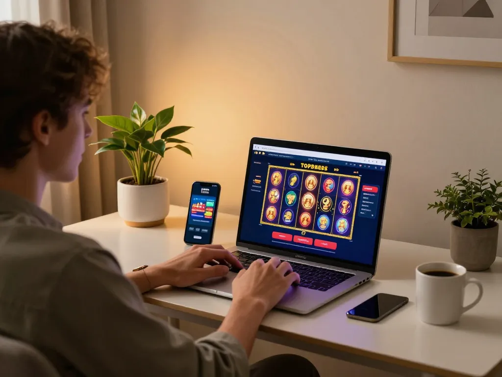 Player enjoying an online casino experience on TOP88, laptop displaying vibrant slot game.