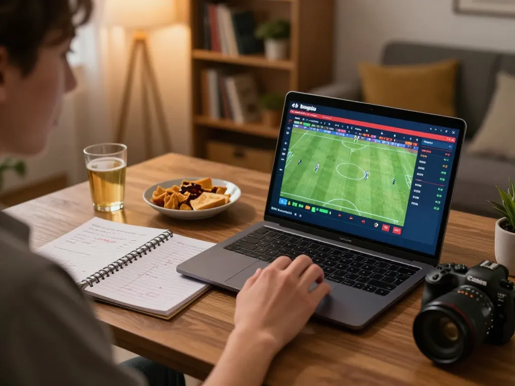 Bongdalu user placing strategic bets on live sports events through a laptop in a cozy home setting.