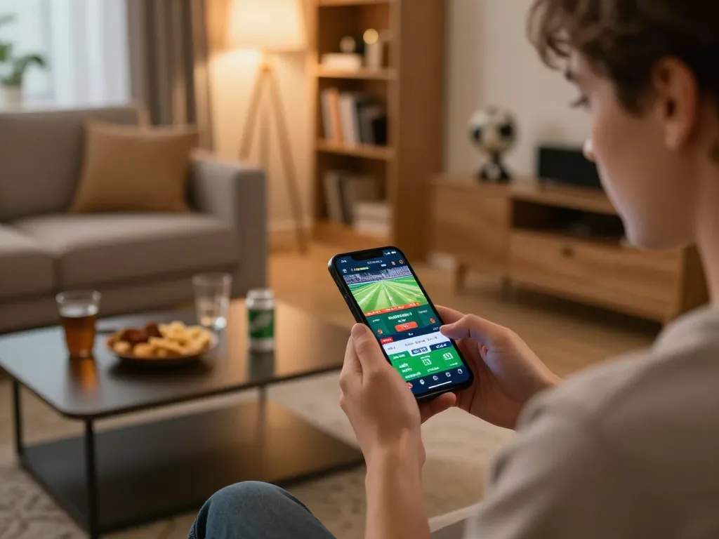 Person engaging in strategic betting on cakhia app during live sports match in cozy home setting.