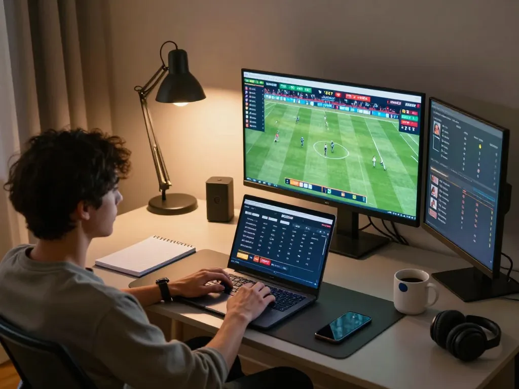 KQBD live score updates displayed on multiple screens in a sleek online gaming setup at home.