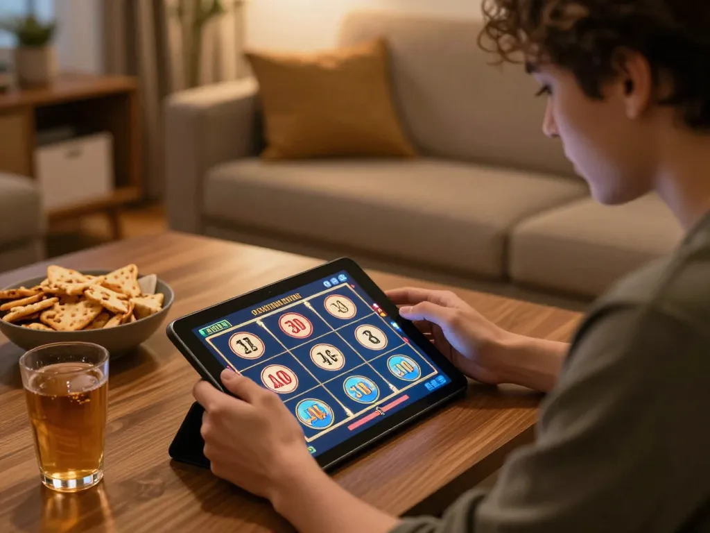 Engaged player using Tx88 app on tablet in cozy home setting, enjoying slots
