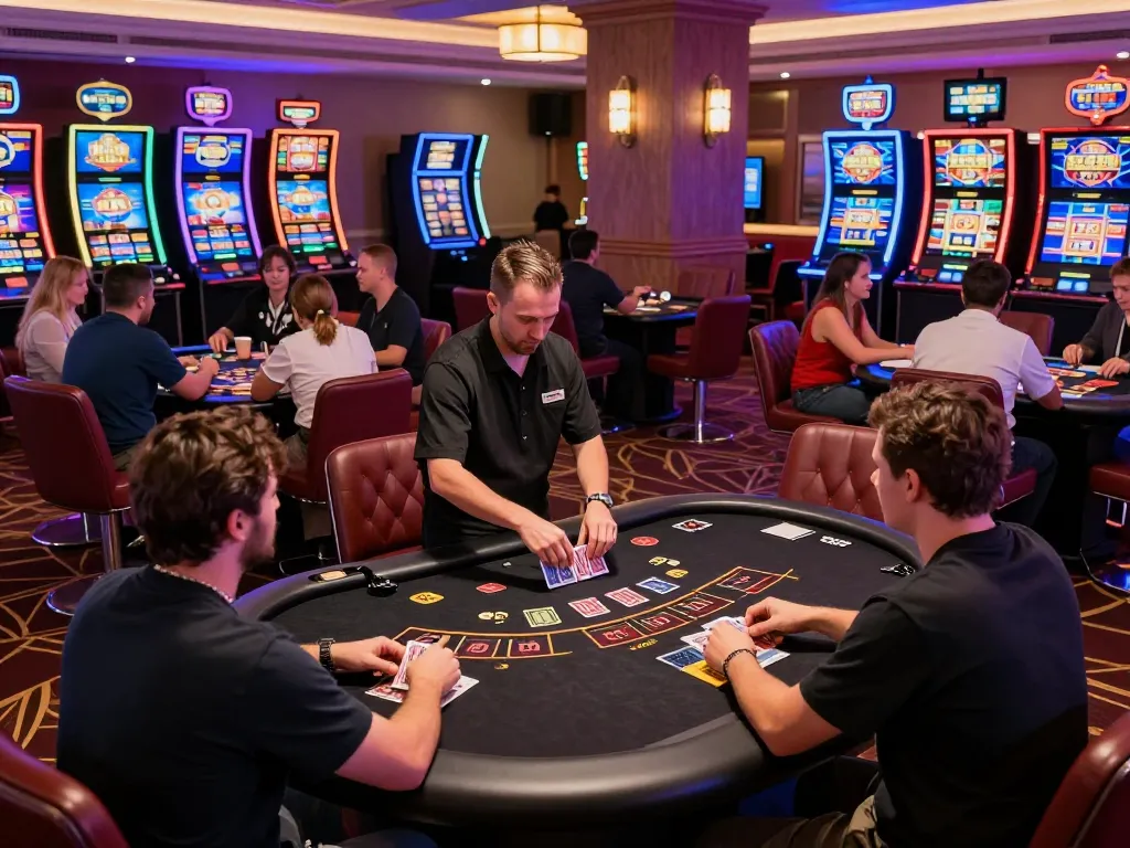 FLY88 players enjoying an exciting blackjack game at a bustling casino table, showcasing immersive gambling atmosphere.