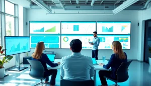 Utilizing production planning software in a modern team setting with analytics on screens.