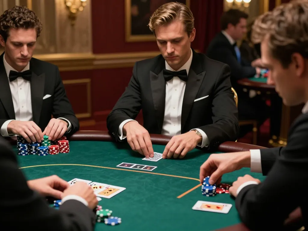 Hitclub players engaging in a high-stakes poker game, showcasing strategy and excitement at a luxurious table.