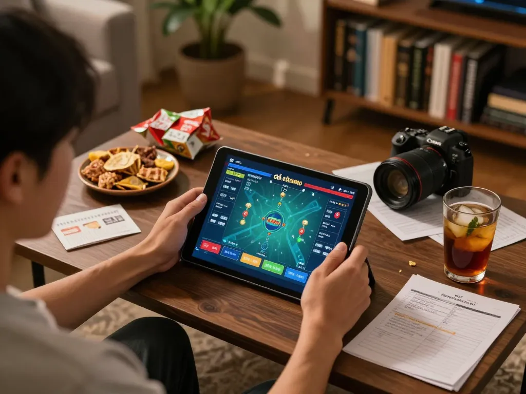 Engaging in đá gà thomo online gaming session at home, showcasing strategic betting on a tablet with a cozy setting.