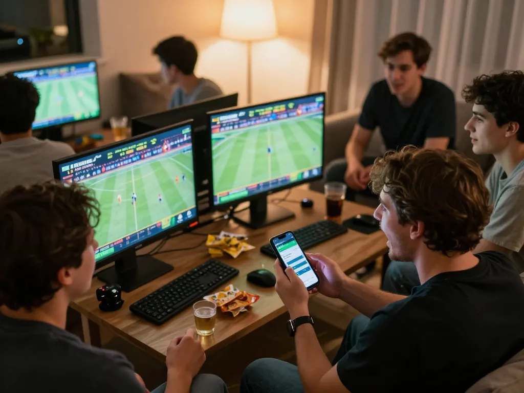 Kèo nhà cái 5 chuẩn in an engaging sports betting scene with friends analyzing live odds