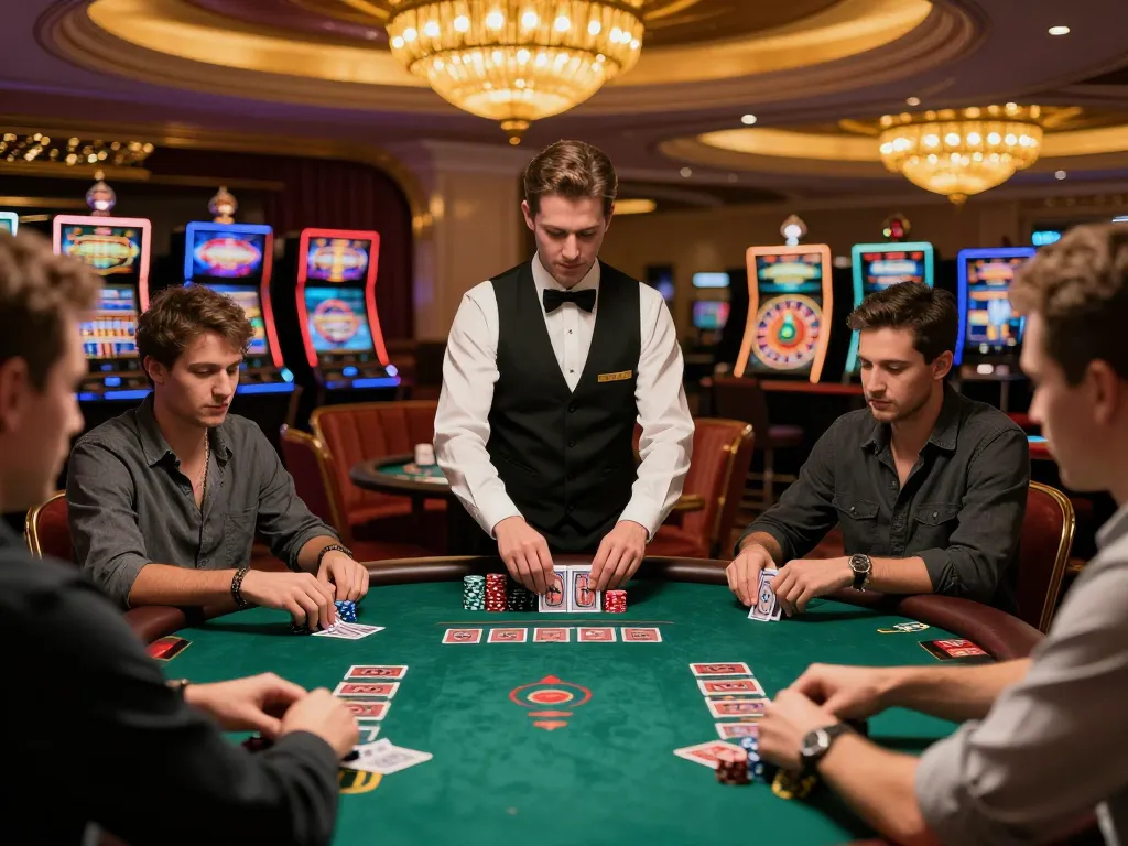 Players focusing on their hands at s666 blackjack table with vibrant casino ambiance