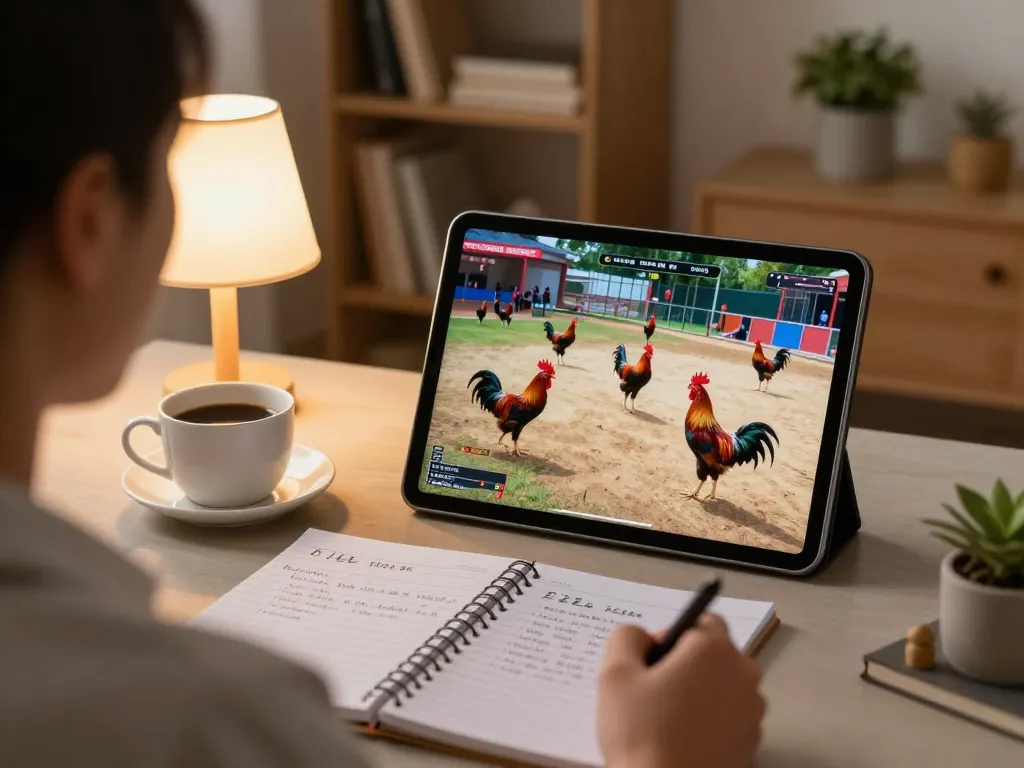 Cảnh tượng hấp dẫn của xem đá gà trực tiếp HD trên máy tính bảng với chi tiết trận đấu sống động, không gian ấm cúng và ghi chú chiến lược.
