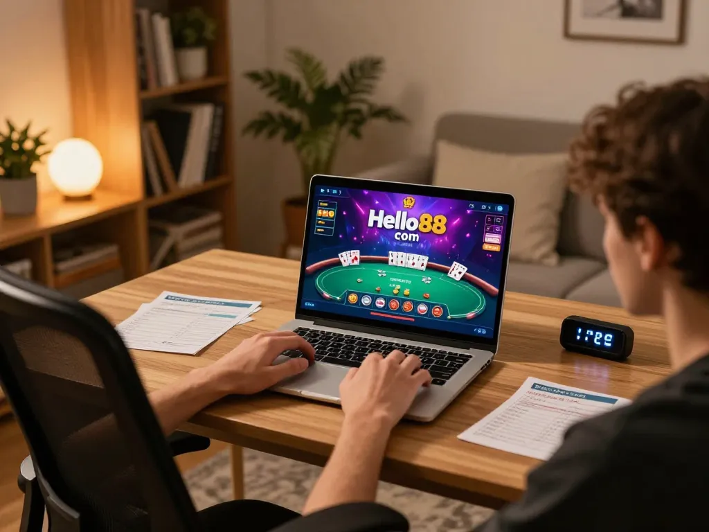 Engaging in online casino gameplay on Hello88 com with a modern laptop setup and strategic notes.