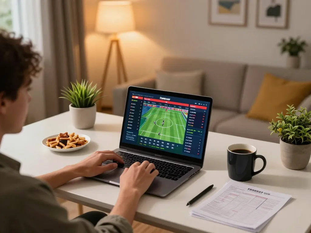 Kèo nhà cái hôm nay sports betting scene, online gaming setup with laptop and live odds, creating engaging gambling atmosphere.