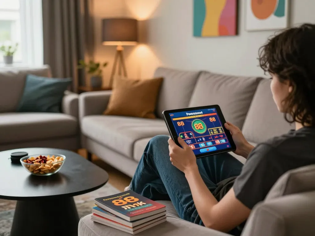 Engaging in online casino gaming with fun 88 app on a tablet in a cozy living room atmosphere.