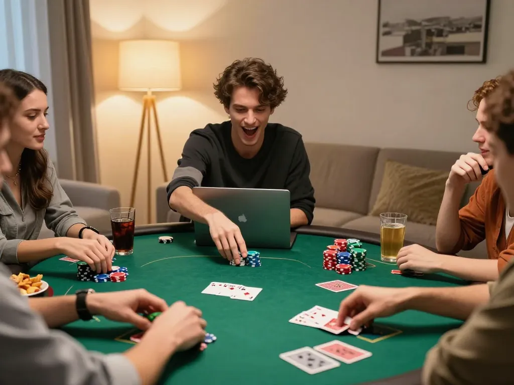 CK444 users enjoying a lively home poker game with friends, showcasing strategic gameplay and camaraderie.