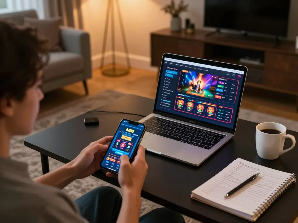 Player engaging with the hz88 app for online gambling in a cozy home setup