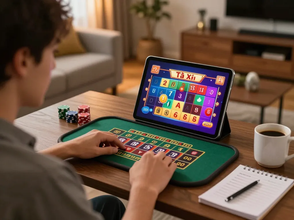 Playing Tài Xỉu online on a tablet in a cozy home setting, highlighting responsible gaming