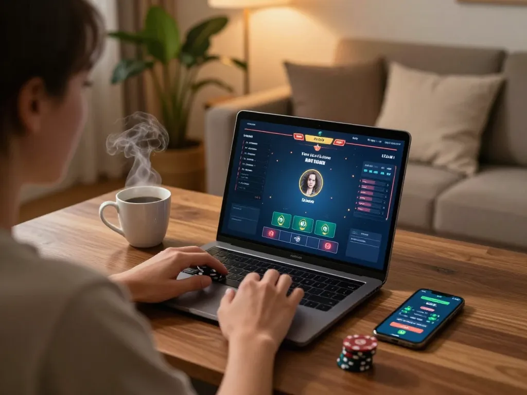 Engaging in strategic online poker gameplay at home using 78 win platform on laptop.
