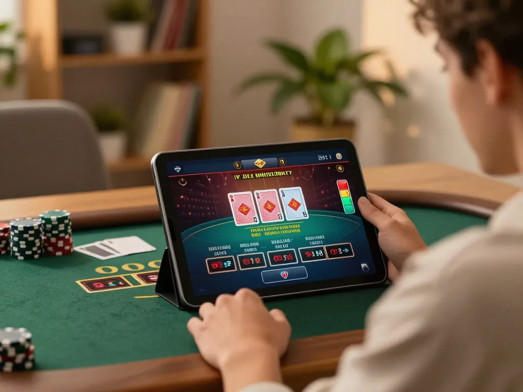 Engaged player exploring GG88 live casino games on a tablet in a cozy setup.