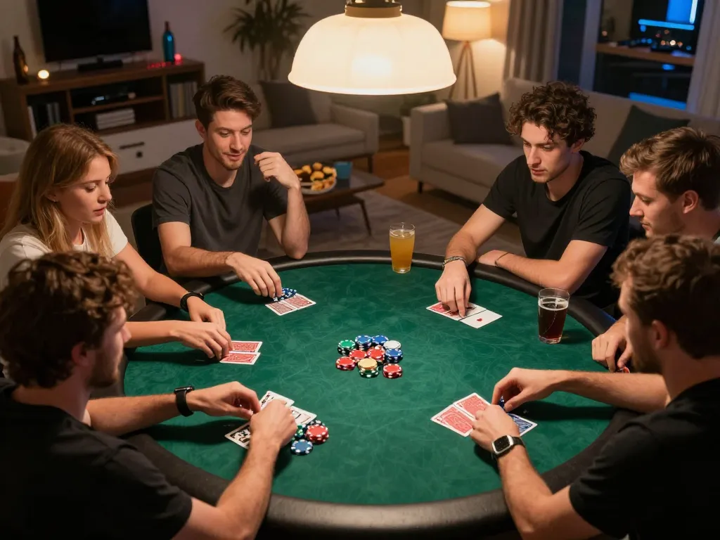 Exciting home poker game night at sam86 with friends, vibrant chips and cards creating a lively atmosphere
