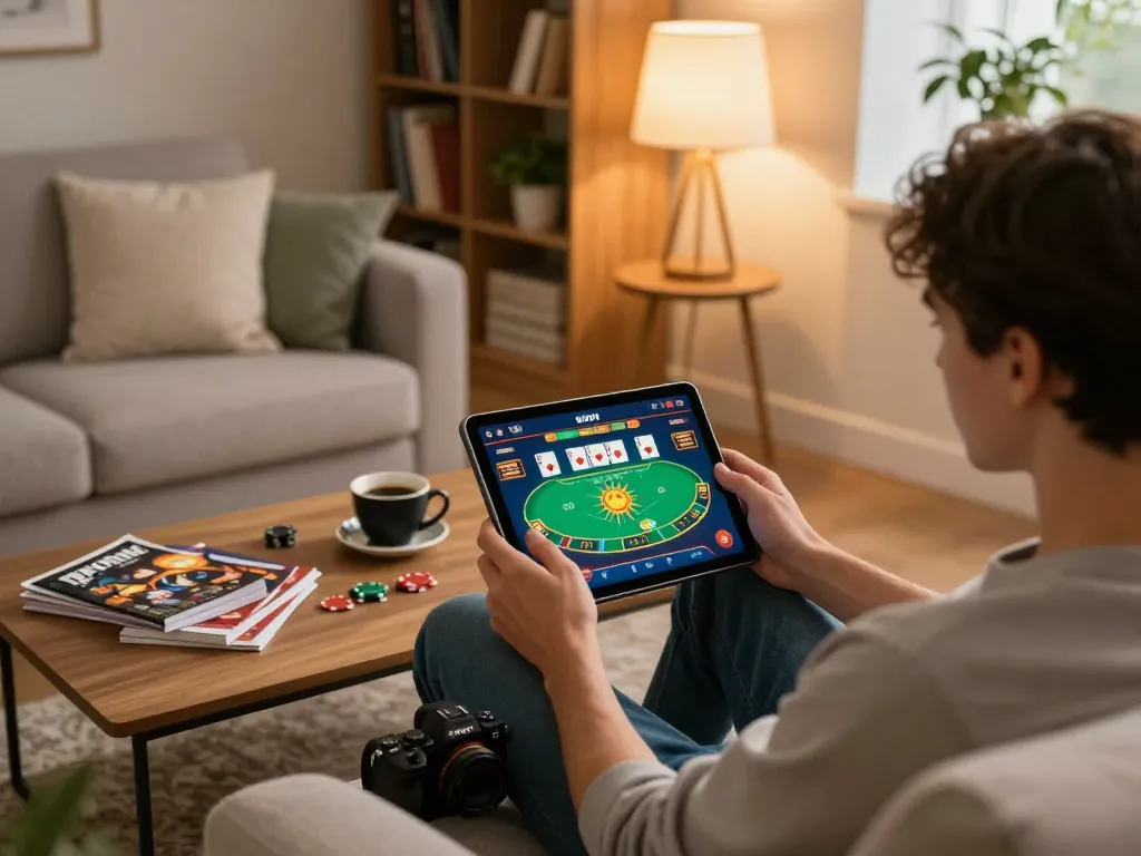 Sunwin online poker gameplay on a tablet during a cozy home gaming session.