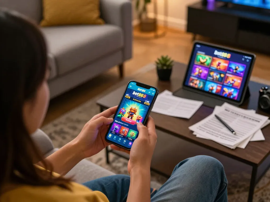 Player enjoying a dynamic gaming session on the bet88 8 app at home, showcasing mobile gambling excitement.