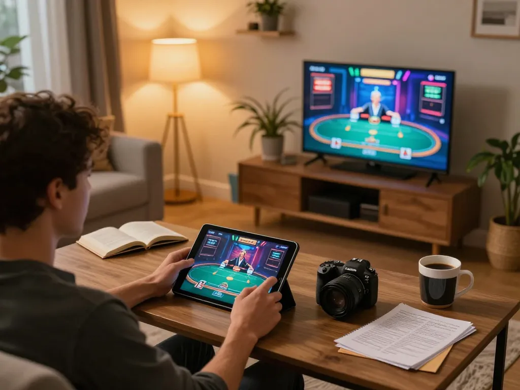 Online gambling experience with 789betss on tablet, showcasing strategy in a cozy home setting.