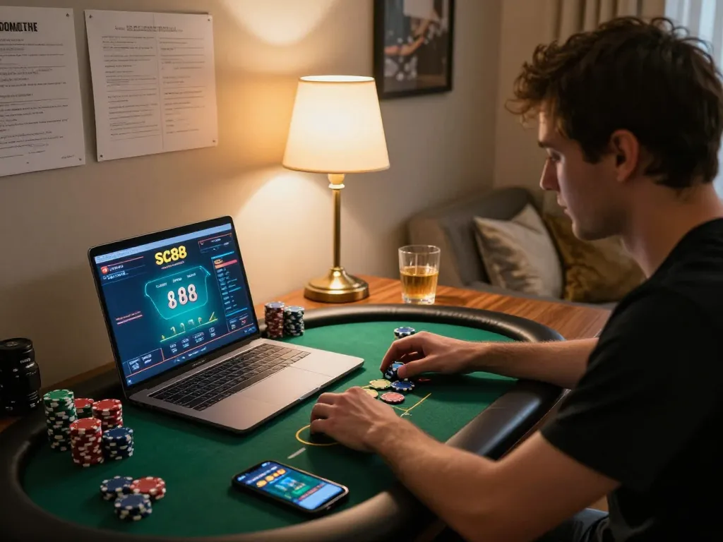 Engaging in a responsible online gaming session with sc88 at a stylish home office setting while managing bankroll.