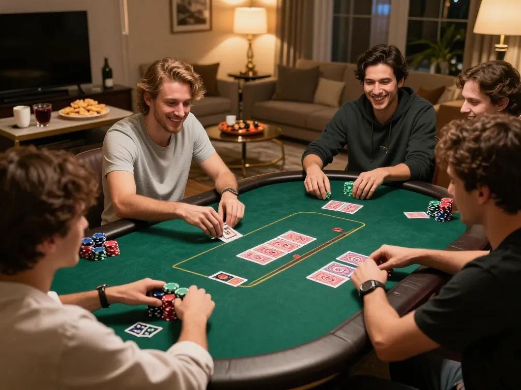 Sun win interactive poker night with friends, colorful chips and cards in action.