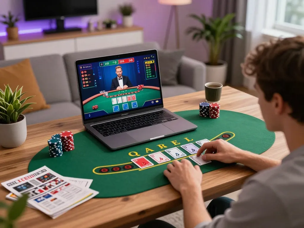 Engaged player at home using TV88 for live dealer blackjack gaming with strategic notes.