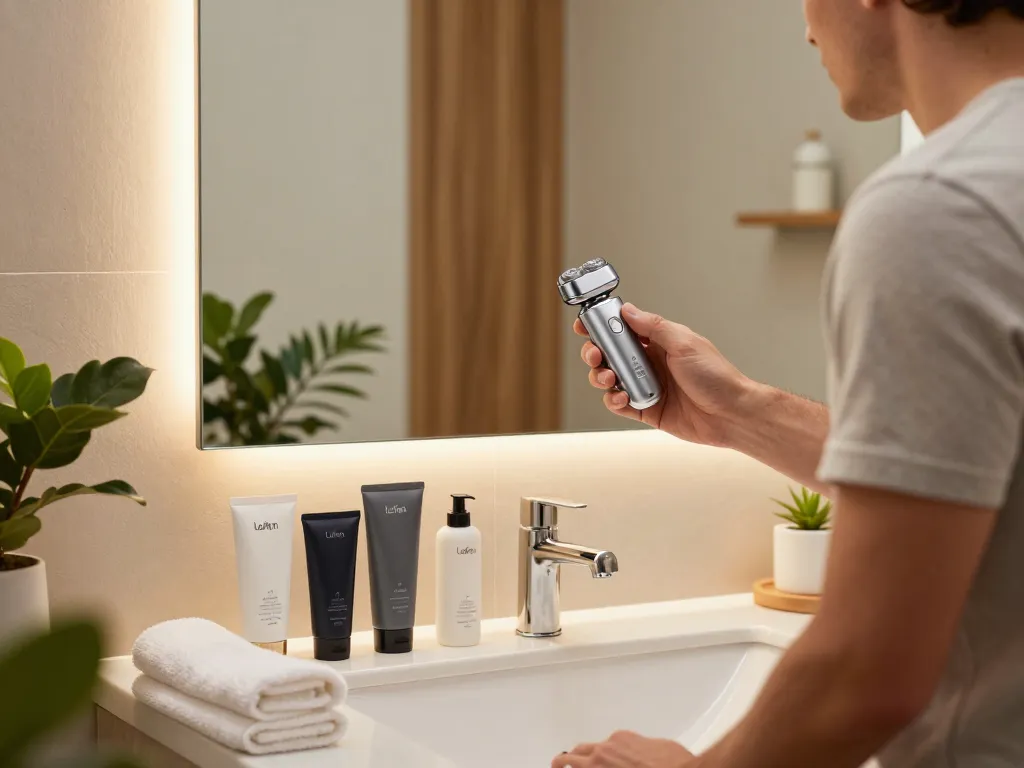 Man using the Laifen shaver in a stylish modern bathroom setting.