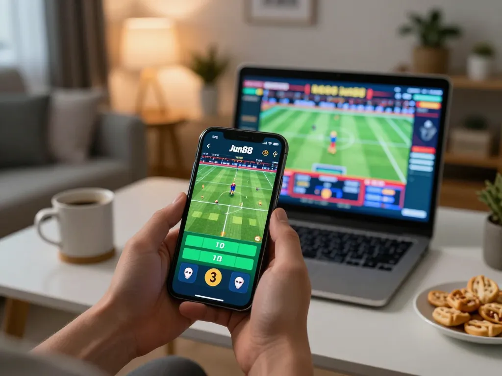Engaging mobile sports betting action on the Jun88 app in a cozy home setting