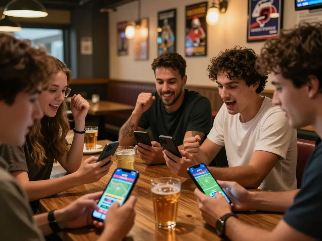 SX88 sports betting scene featuring friends celebrating a winning bet in a vibrant sports bar.