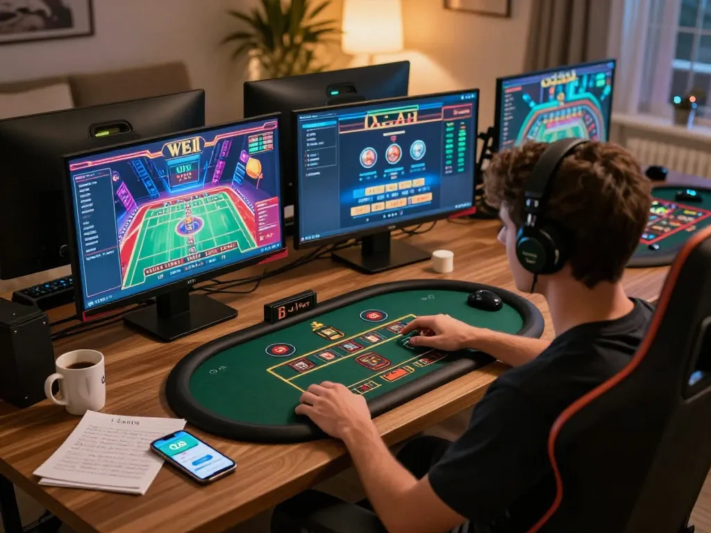 Player enjoying an intense live dealer game using O8 com app on multiple screens, strategic notes nearby.