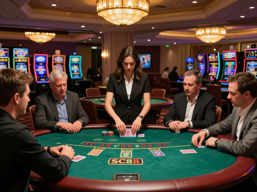 SC88 players engage in intense blackjack at a luxurious live dealer table in a vibrant casino atmosphere.