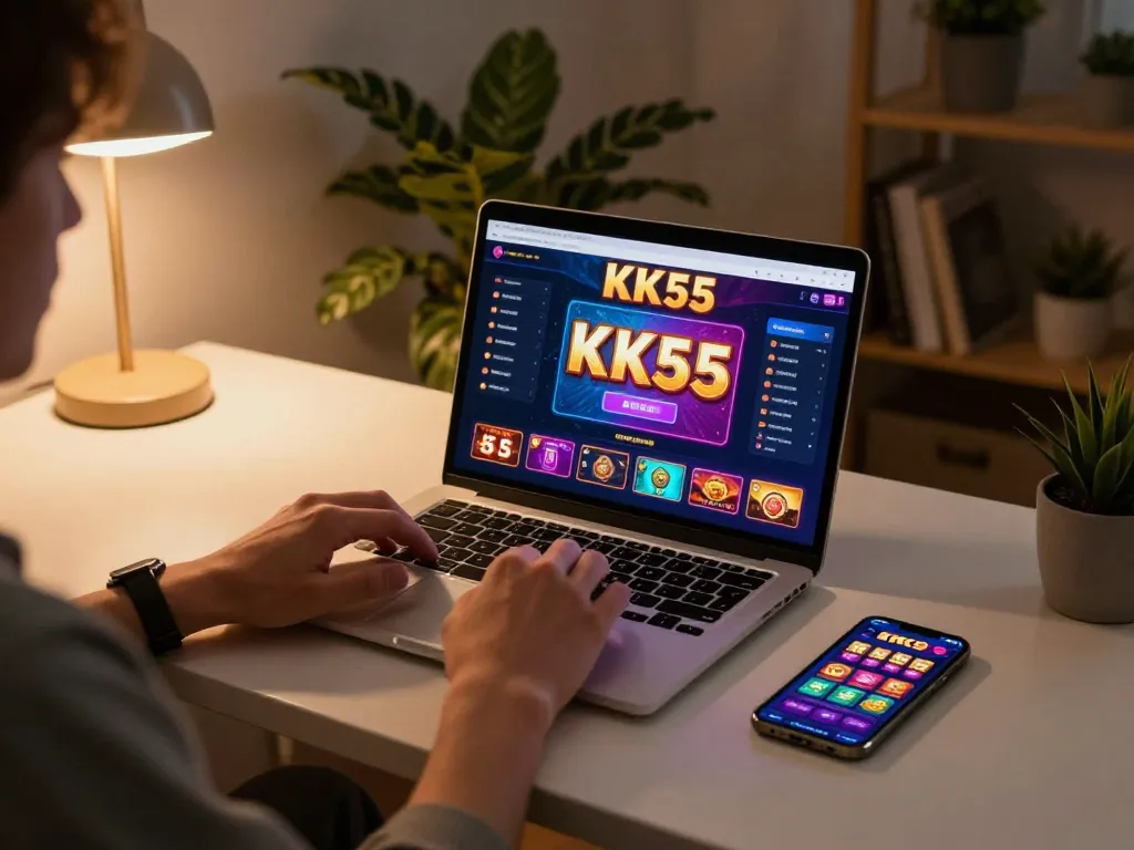 Engaged player enjoying the KK55 Game on a laptop and smartphone in a cozy home setting.