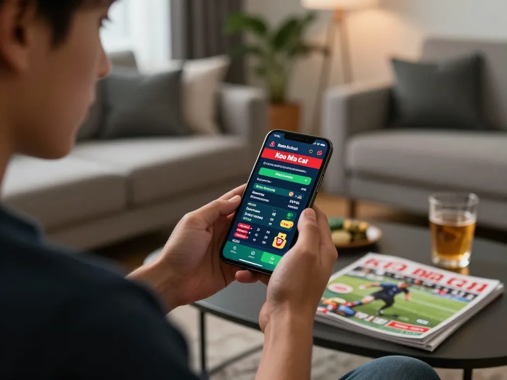 Exciting keo nha cai smartphone sports betting moment captured in a modern living room.