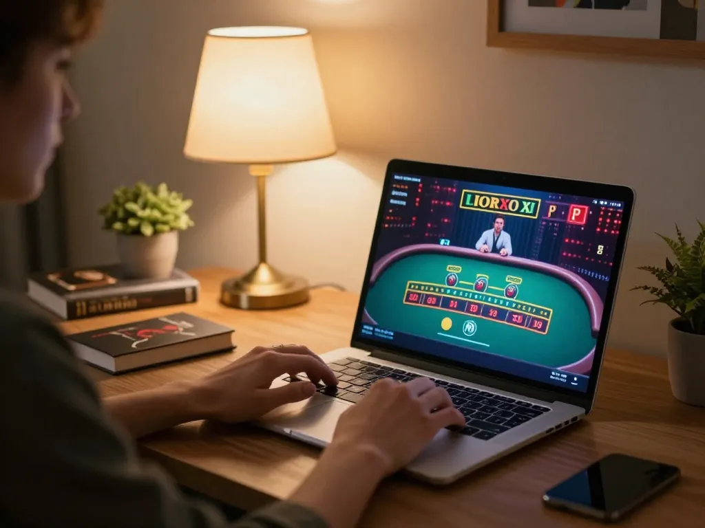 33win player engaging in live blackjack game on laptop in cozy home setting, emphasizing strategic online gambling.