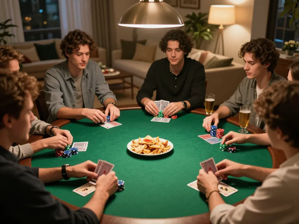 Playing poker during an engaging home game night, showcasing Link mới Vin88 in action.