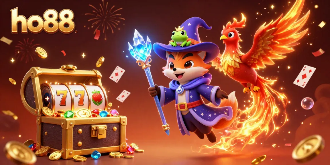 Join the excitement at ho88 with a mystical wizard fox, phoenix, and slot reels in a vibrant casino scene!