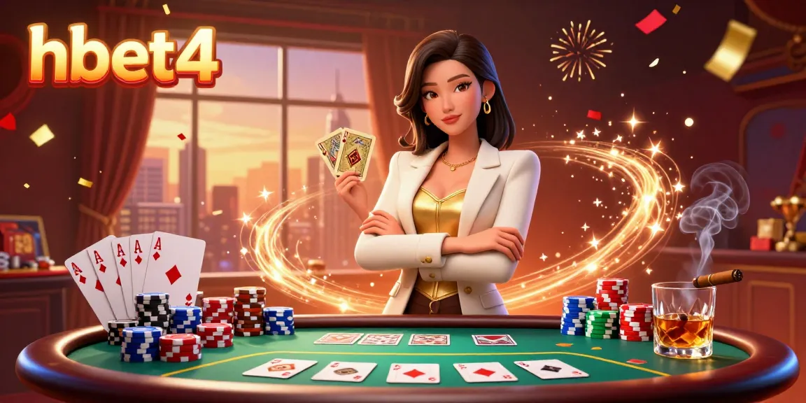 Experience thrilling gameplay with hbet4 featuring a glamorous Asian woman holding golden cards, surrounded by vibrant casino elements.
