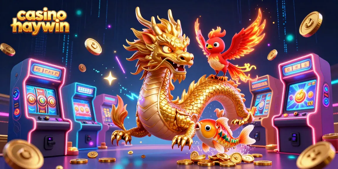Experience thrilling gameplay at casino haywin with a dazzling 3D fantasy scene featuring a dragon, phoenix, and koi fish.
