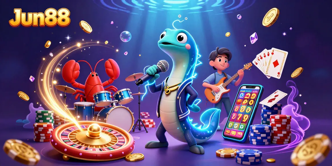 Experience thrilling action at Jun88 with electric eel DJ and vibrant casino elements surrounded by golden coins.