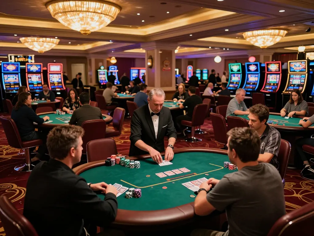 OnBet players enjoying poker tables in a luxurious casino environment, vibrant atmosphere filled with excitement.