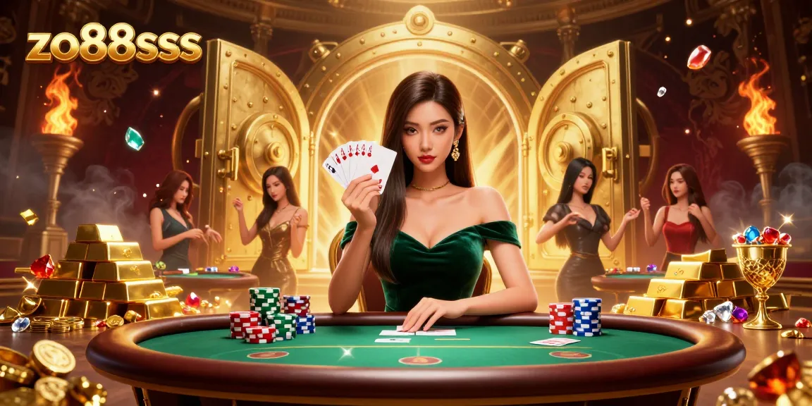 Experience thrilling gameplay at zo88sss with a focused player at a luxury poker table surrounded by treasures.
