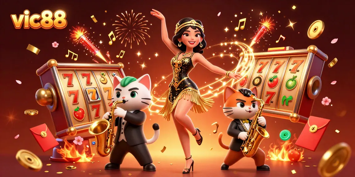 Join the excitement at vic88 with slot reels and vibrant celebrations in this lively casino scene.