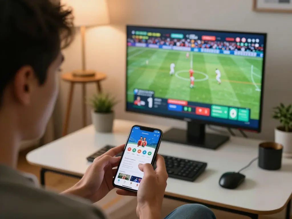 Xoilac TV sports betting excitement at home, showcasing strategic smartphone app usage.