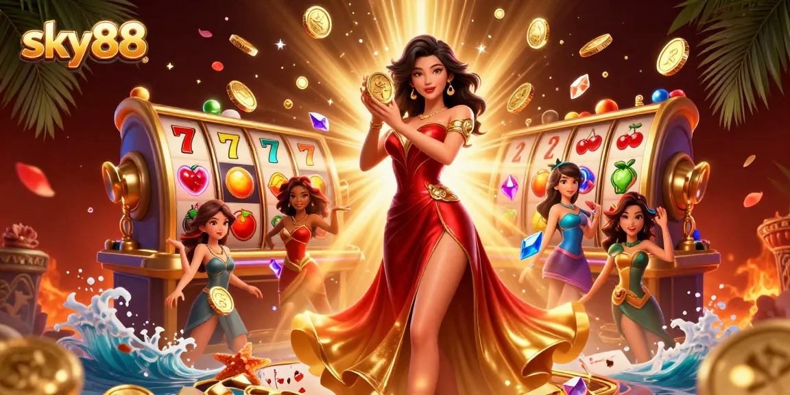 Win big at sky88 with a stunning casino scene filled with slot symbols and golden coins.