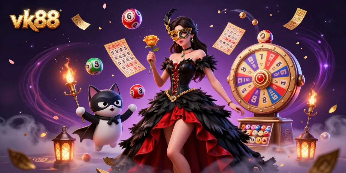 Experience thrilling games with vk88 showcasing vibrant lottery elements and dramatic characters.