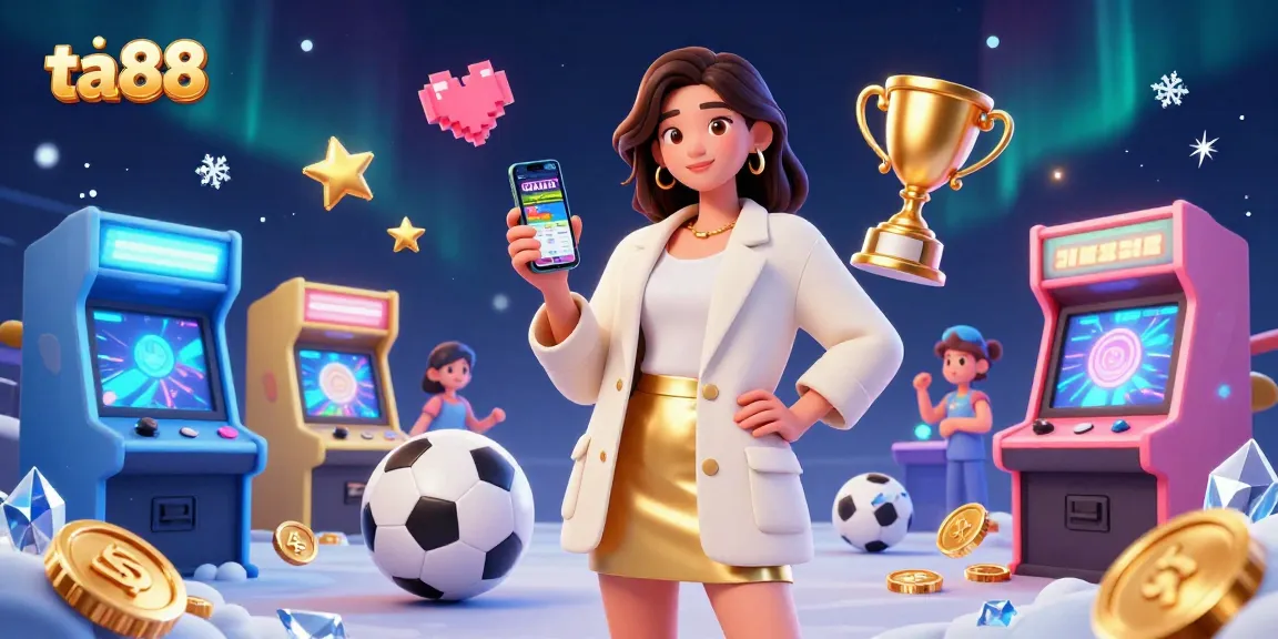 Experience the excitement of ta88 with a sports betting app showcased by a vibrant Asian woman among casino elements.