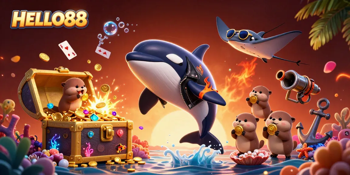 HELLO88 features vibrant underwater elements with orca, stingray, and otters celebrating winnings in a dynamic casino theme.