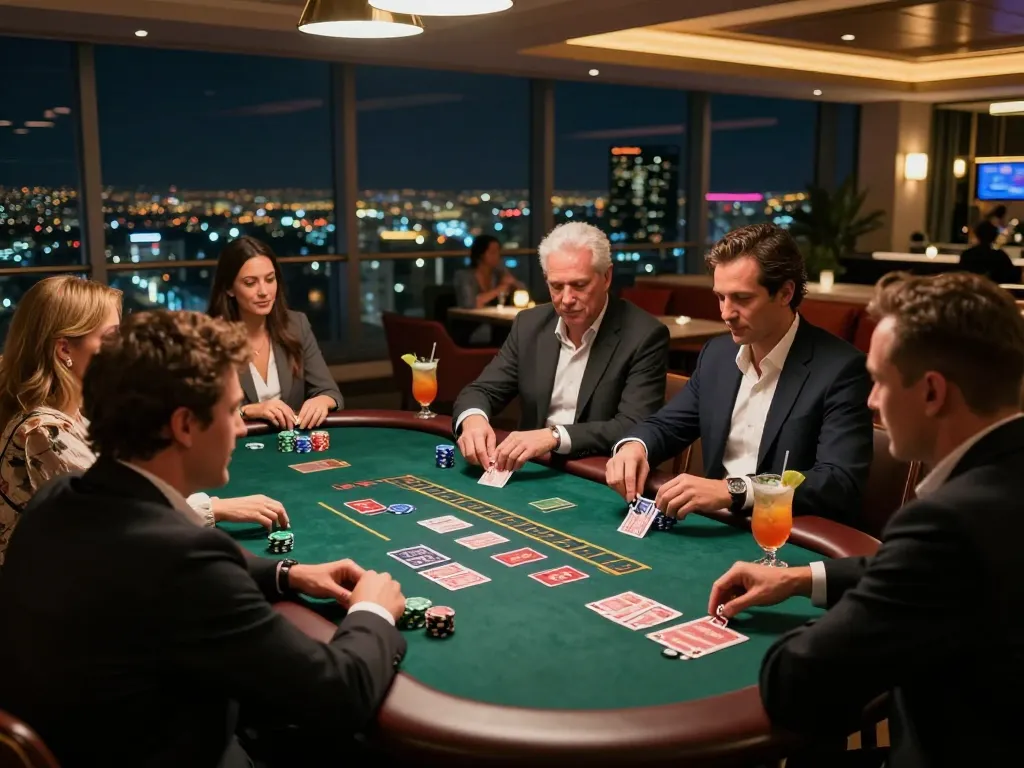 Players strategizing during a high-stakes blackjack game at bin88 casino lounge, surrounded by a glamorous atmosphere.