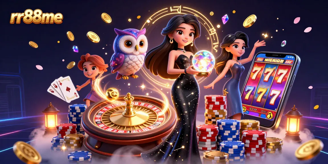 Play and win at rr88me with a captivating 3D casino scene filled with vibrant game elements.